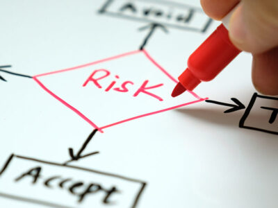 Businessman hand writing risk management concept avoid, accept, reduce and transfer